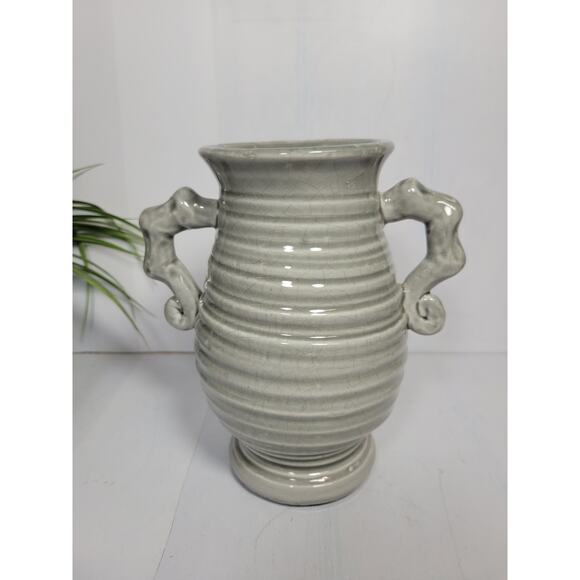 Vintage Gray Ribbed Vase, Double Handle 7-3/8" - Picture 2 of 6